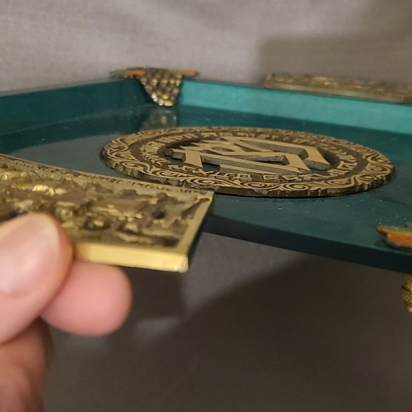 Vintage Oppenheim Israel Green Enamel Gold Brass Decorative Matzoh Tray - Picture 5 of 11